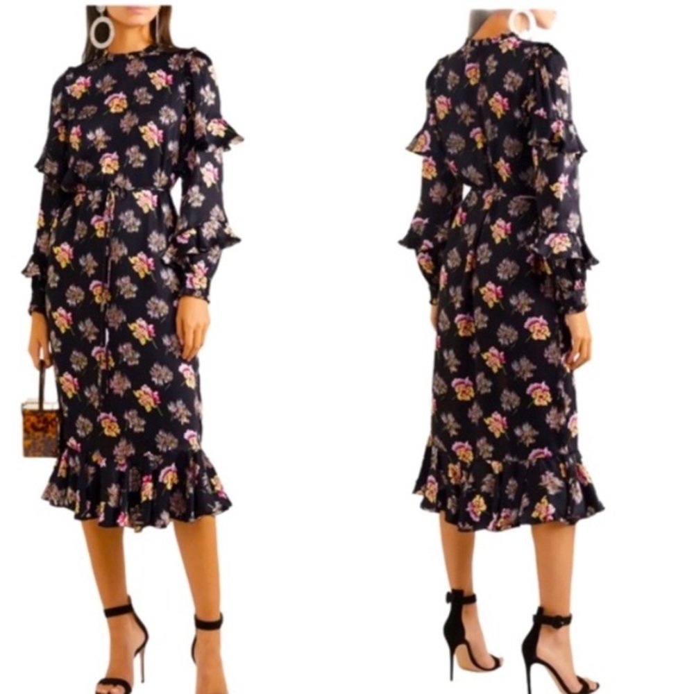 Needle & Thread Bessie ruffled floral-print satin midi dress size 4